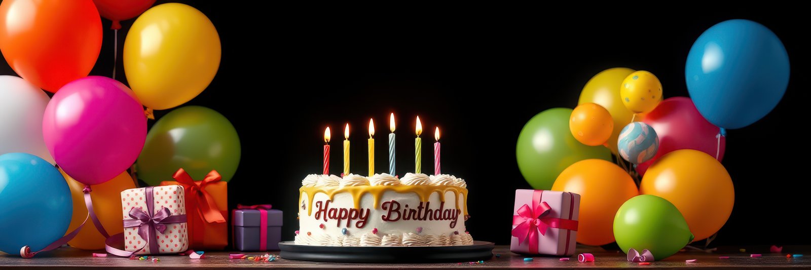 Colorful birthday celebration with cake, balloons, and gifts on a festive occasion